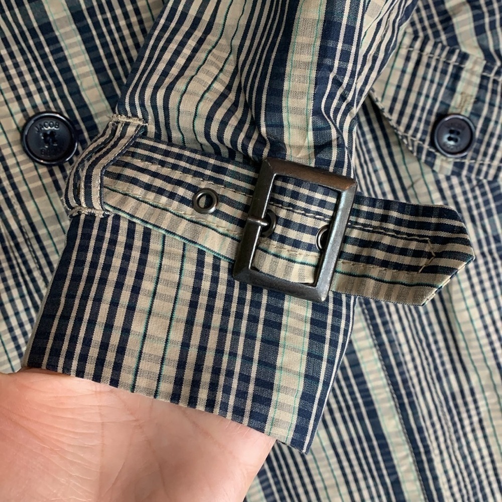 Jacob Beige Navy Plaid Trench Coat women’s extra small Buckles Buttons Classy - Picture 6 of 13